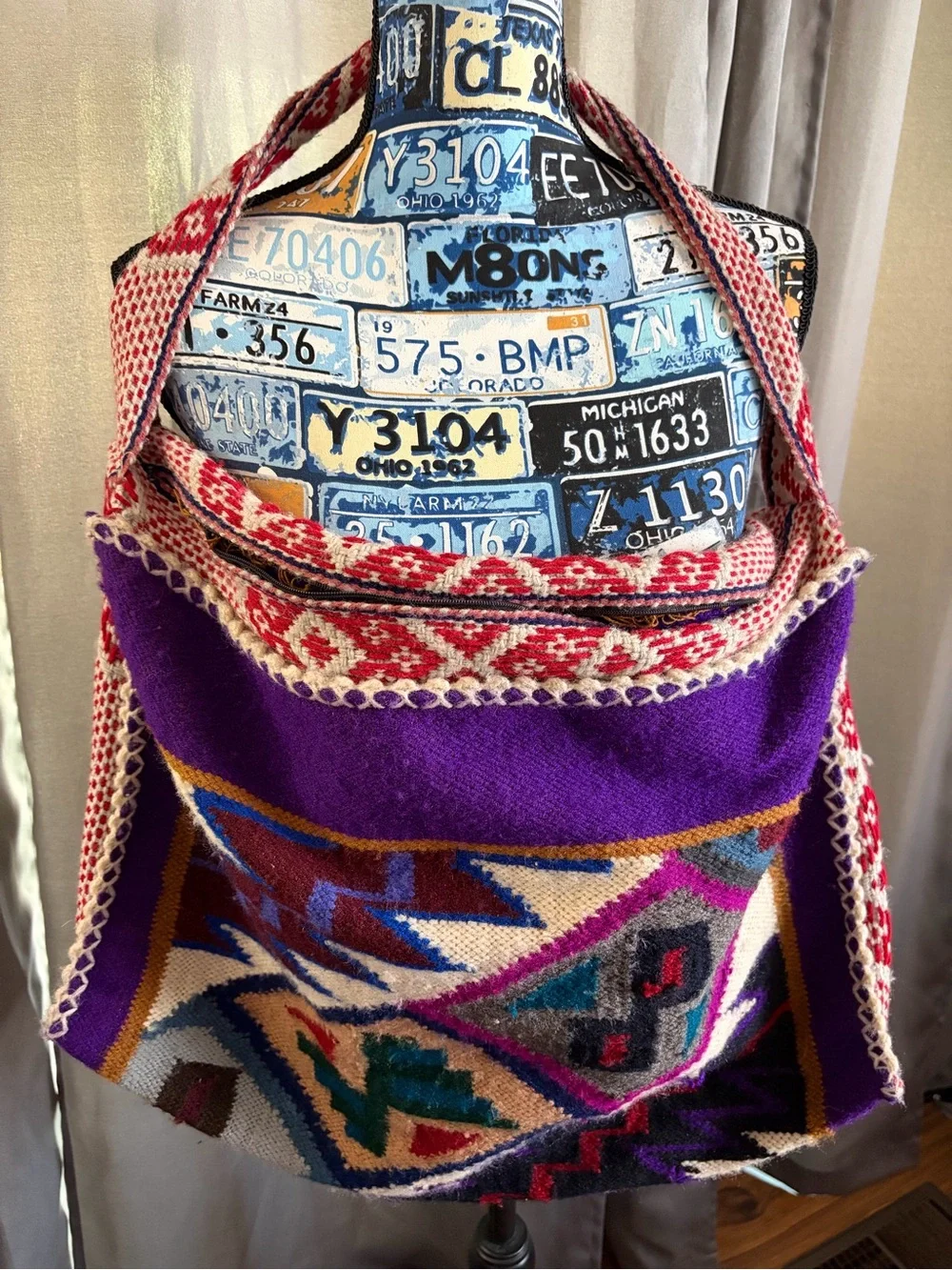 Handwoven Purple Aztec Tote Bag with Red Accent Strap